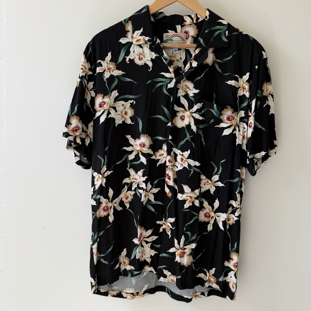 Paradise Found Men's Star Orchid Tom Selleck Magnum PI Hawaiian Shirt Med Black